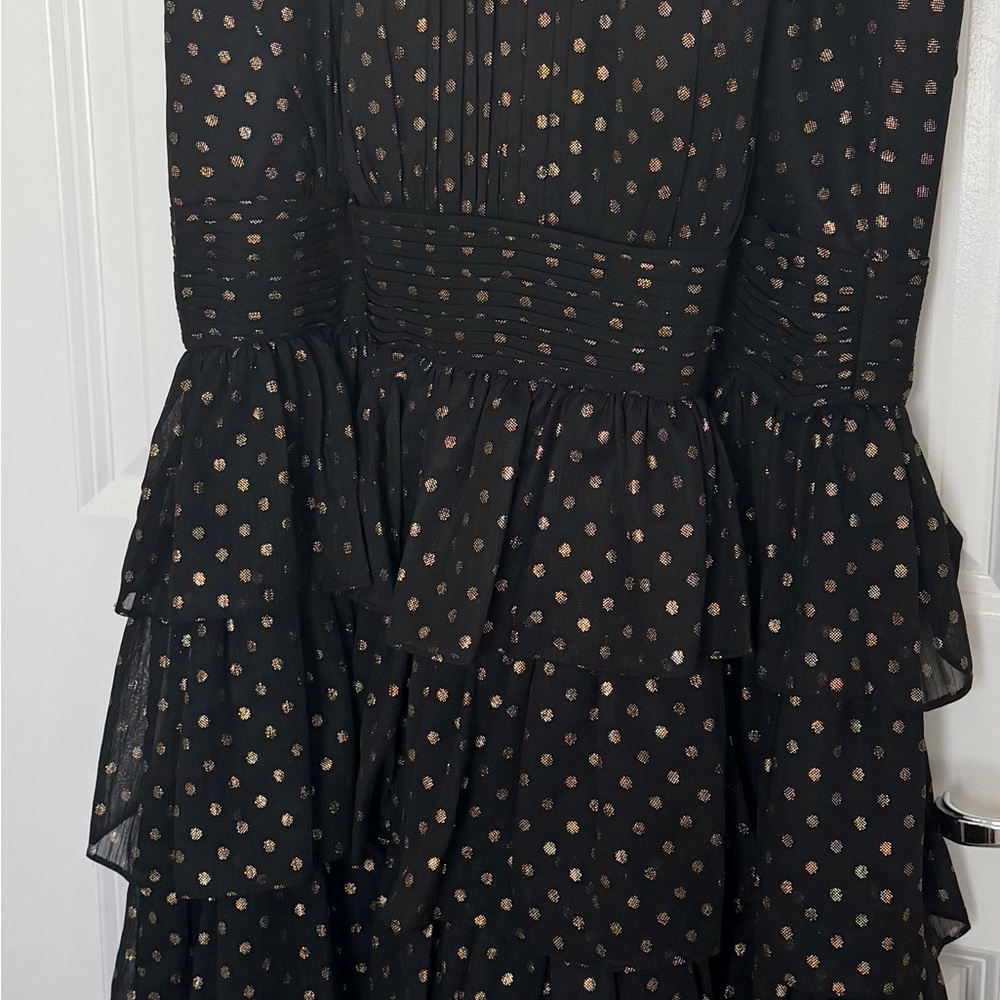 Mac duggal Black sleeveless Tiered Dress with Metallic Dot Detail